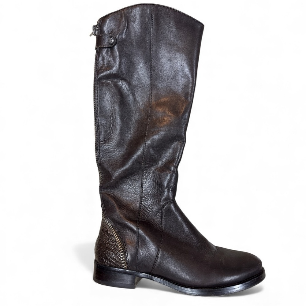 Arturo Chiang Brown Tall Leather Riding Boot AT Falcity Women’s 7 Croc Detail - Picture 1 of 12